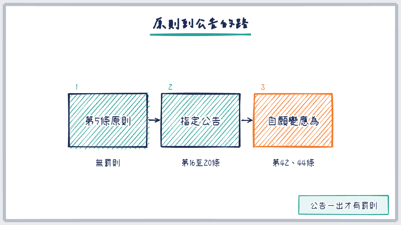 三步流程圖：第 5 條原則、指定公告、義務成形